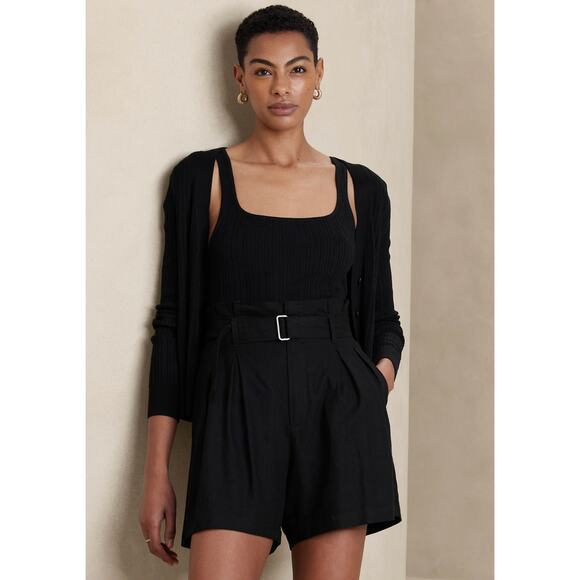 Banana Republic Women's Size 16 Linen Blend Paperbag Short Black Belted New - Picture 1 of 12